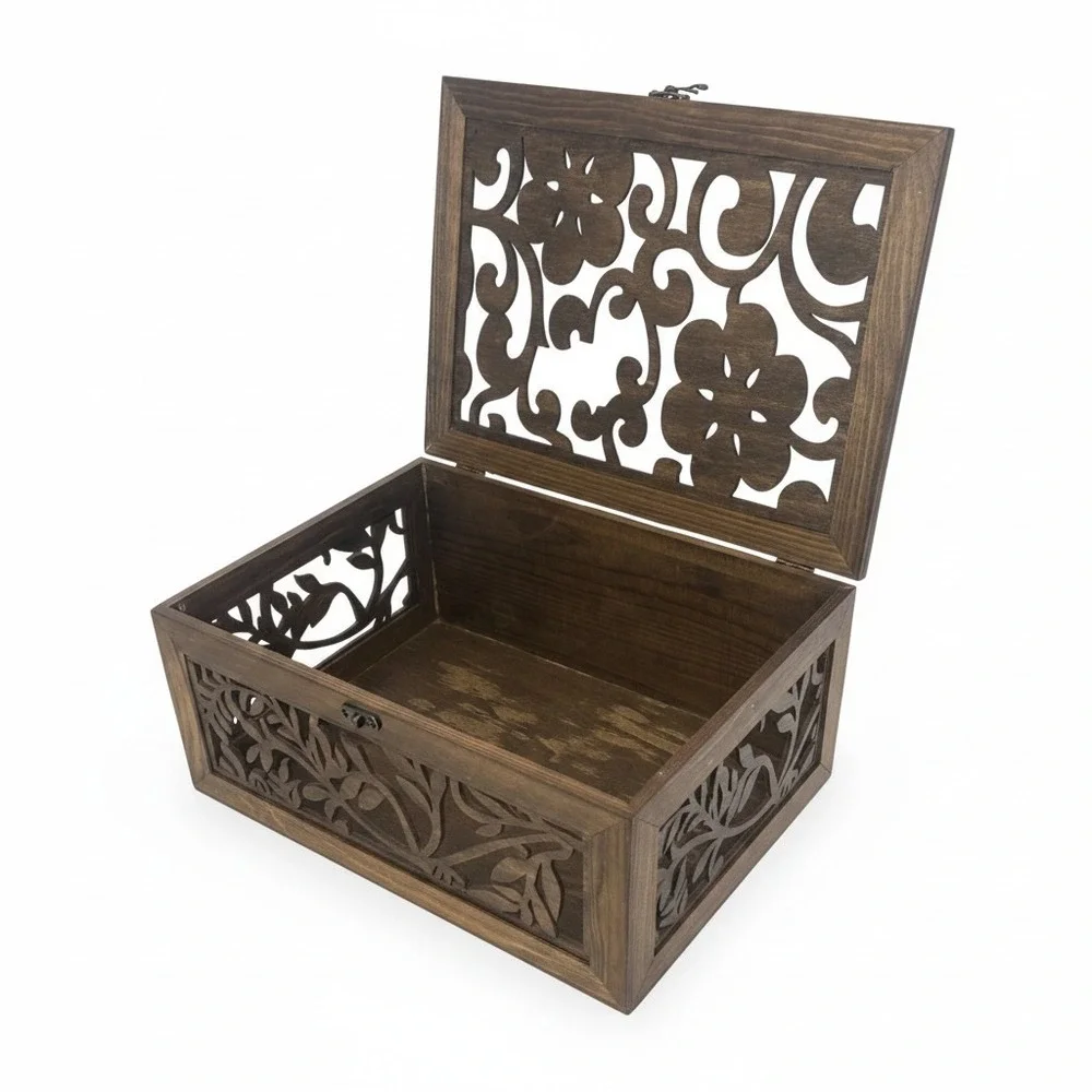 Laser Cut Wooden Keepsake Box Large Brown Floral Filigree Carved Latch Chest